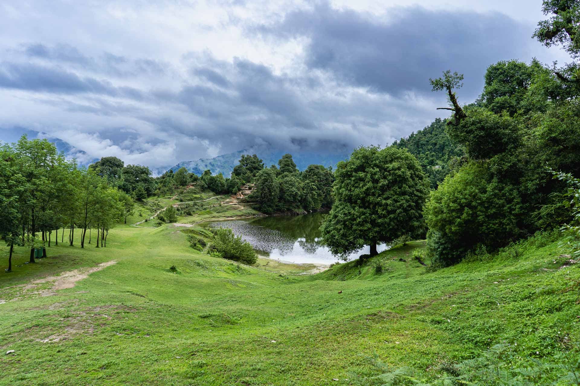 Teh Devariya Tal lake with a field beside it